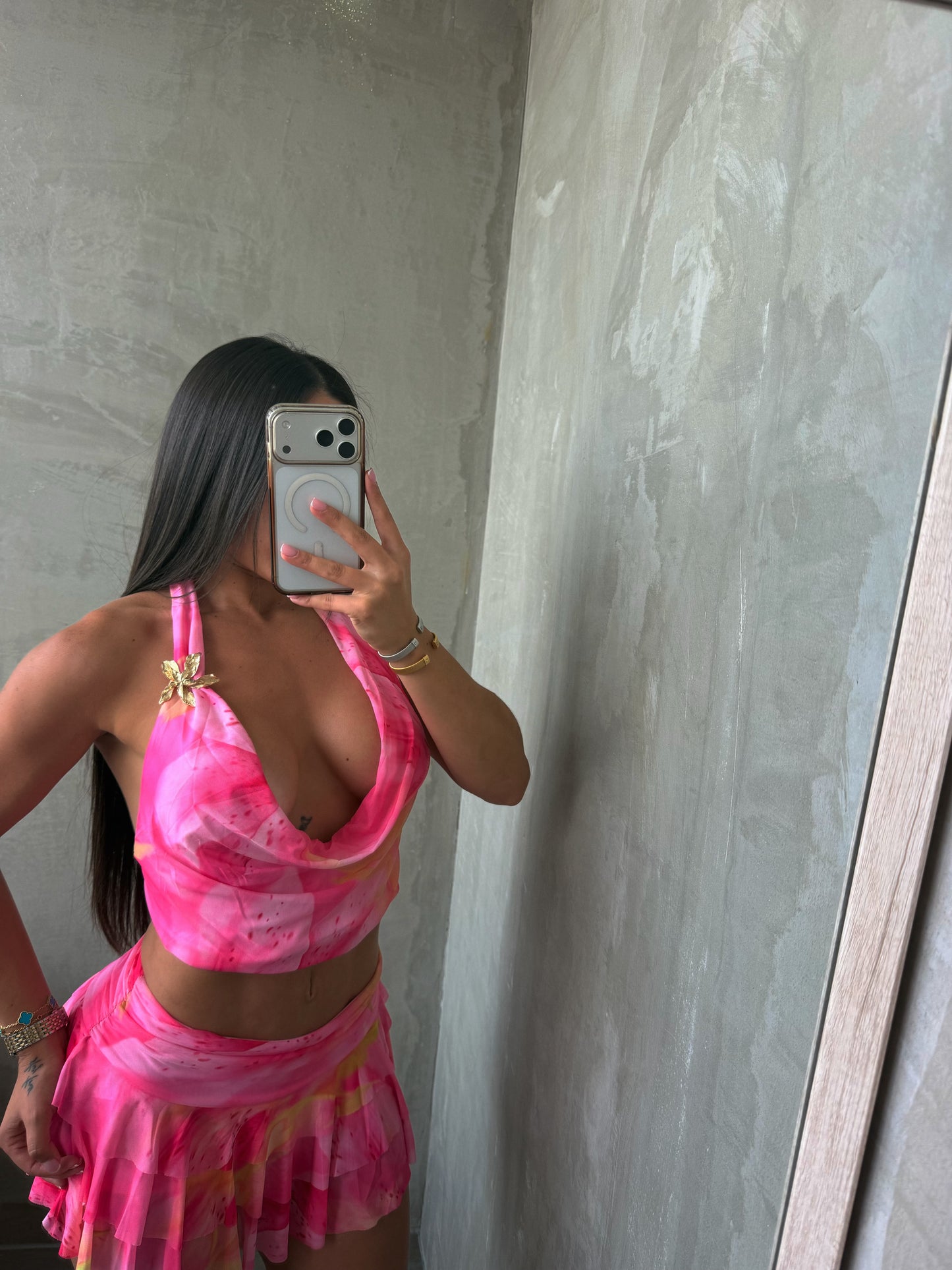 Pink Print Halter Top & Skirt Set