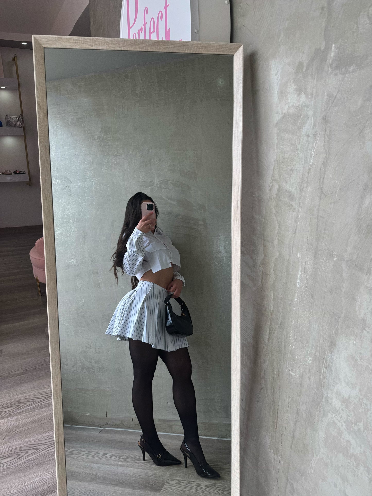 White & Black Stripes Skirt & Crop Blouse Set