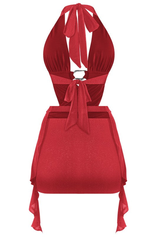 Red Metallic Halter Dress