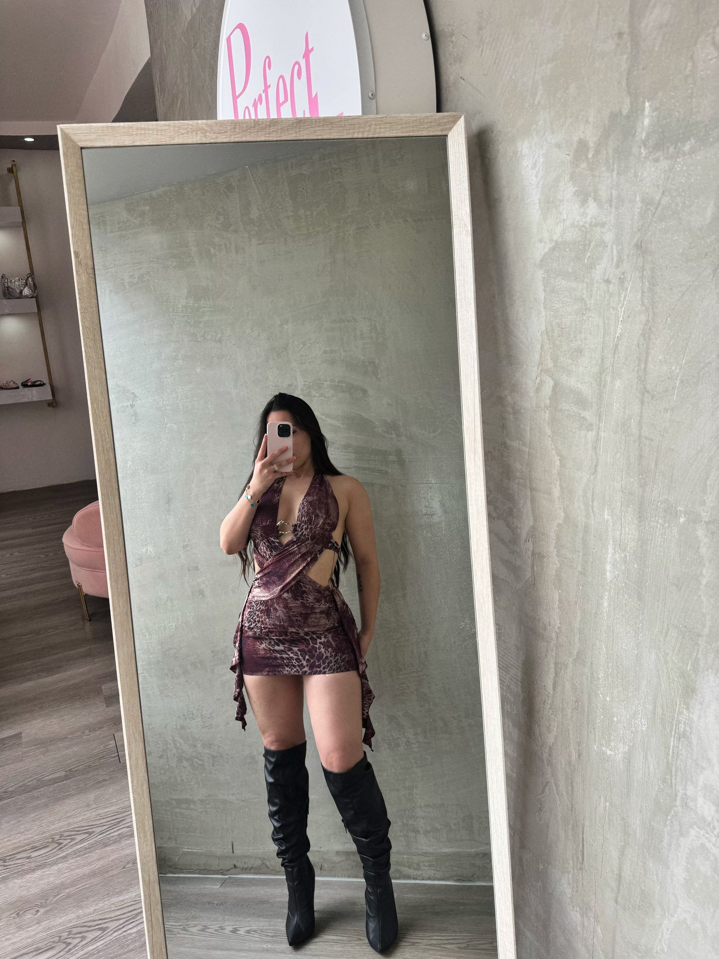 Burgundy Animal Print Halter Mini Dress