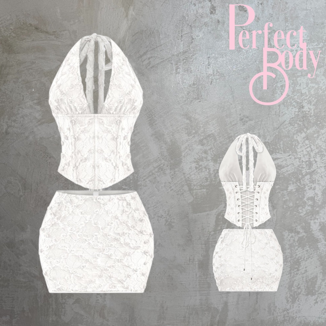 Off White Floral Lace Corset & Skirt Set