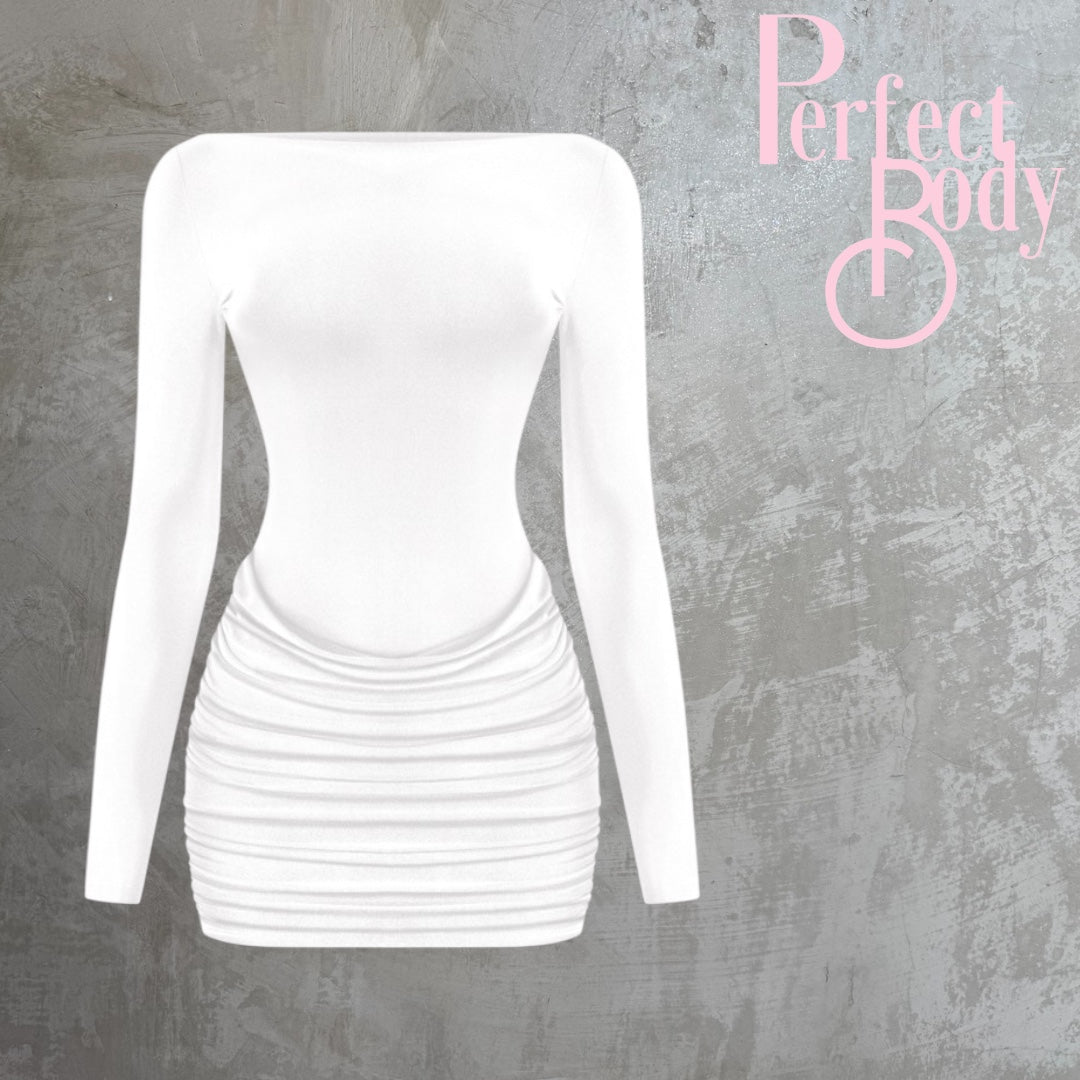 Off White Long Sleeve Rushed Dress