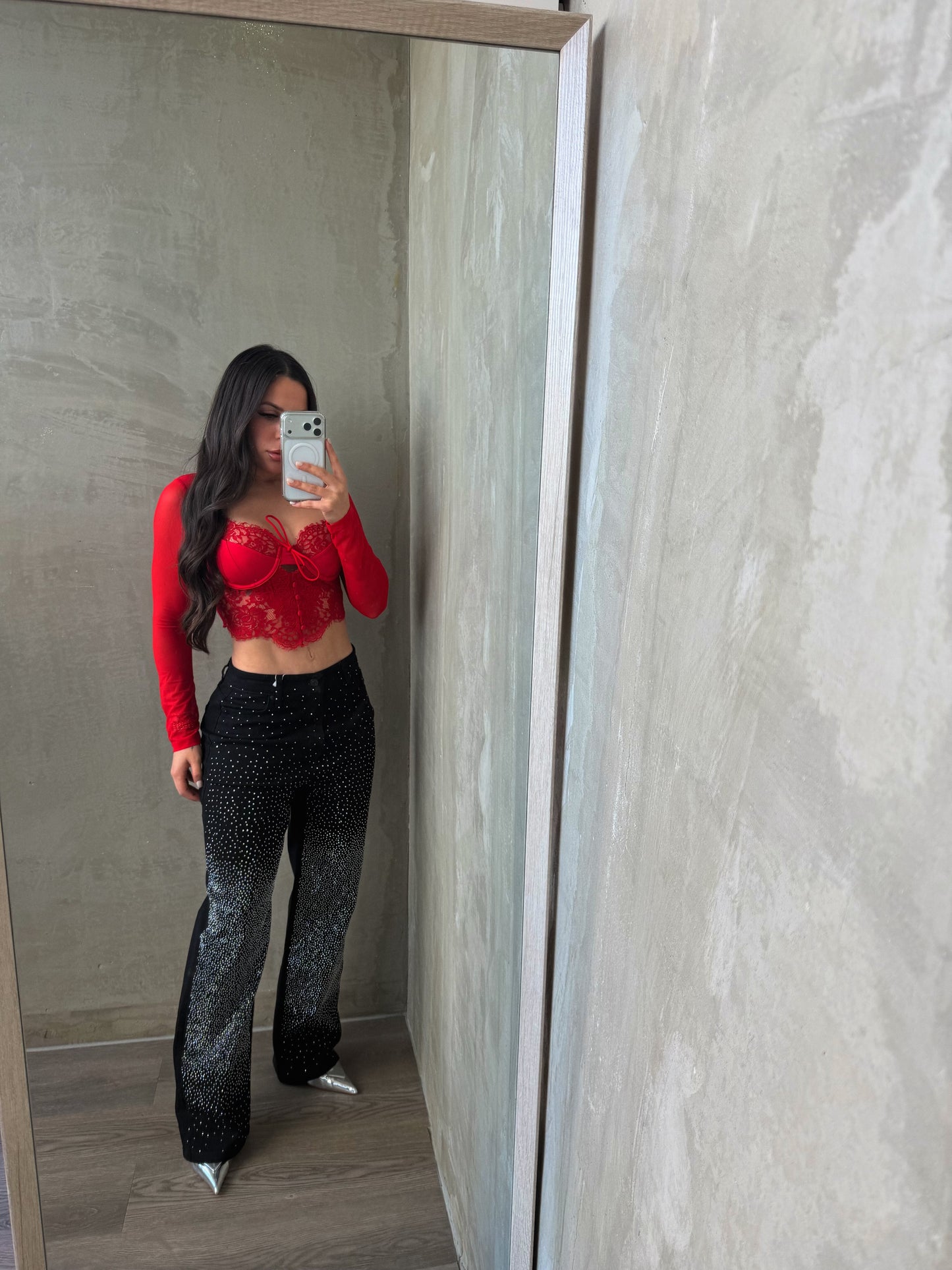 Red Lace Mesh Corset Top