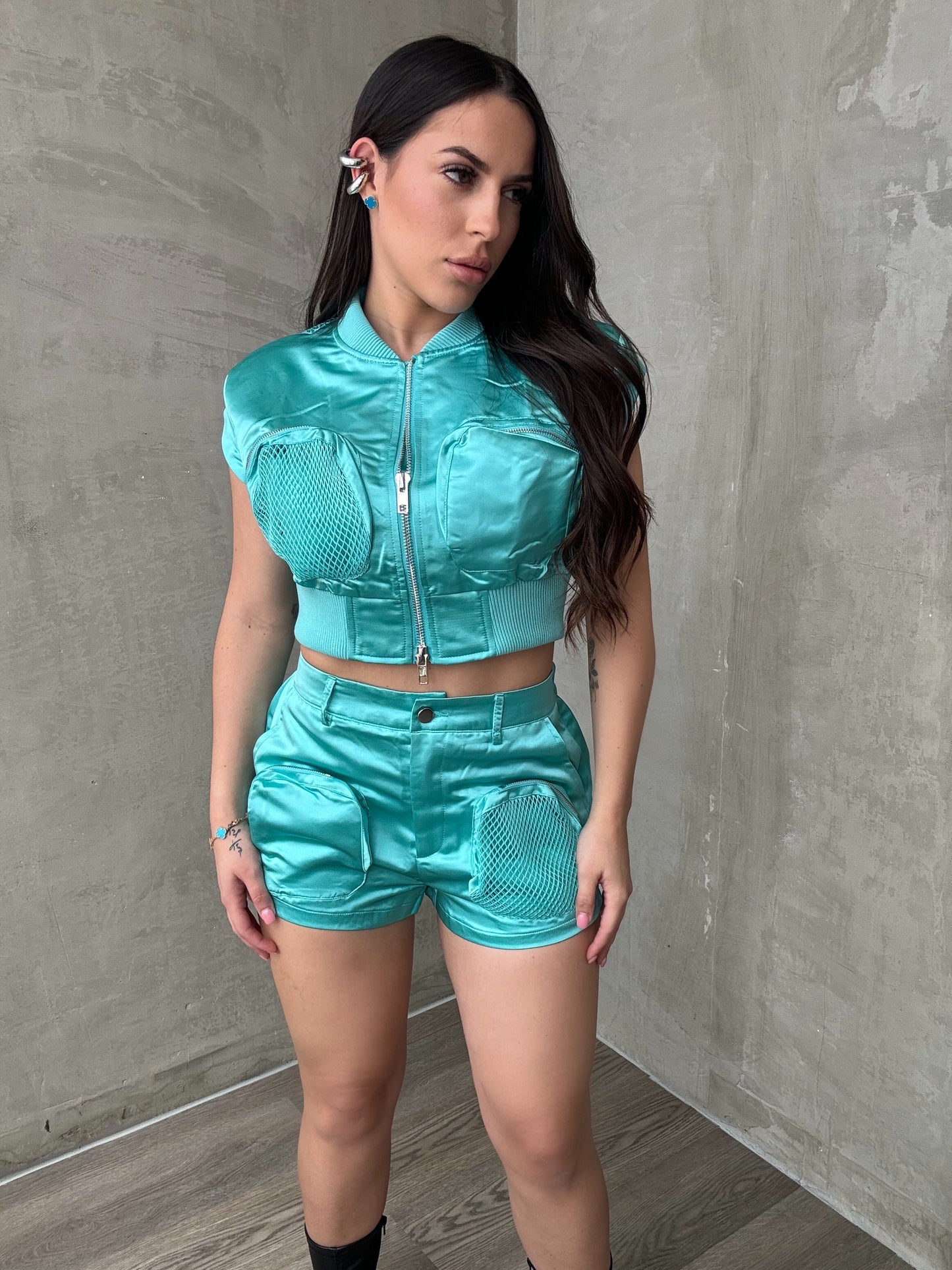 Mint Satin Shorts Set
