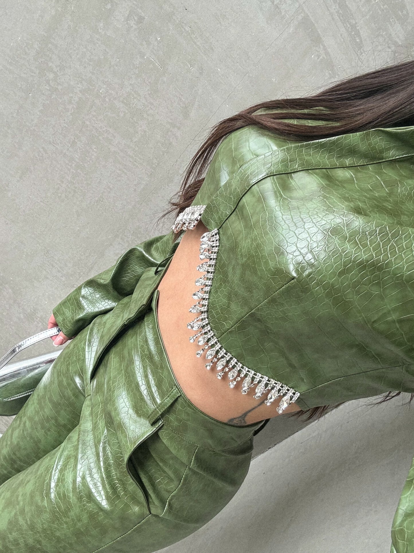Olive Leather Jacket With Rhinestones Pants Set