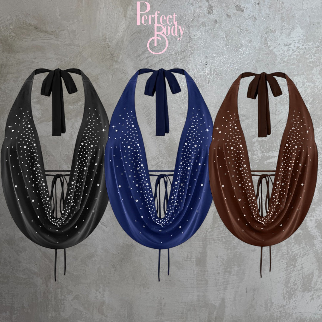 Navy Rhinestones Halter Top