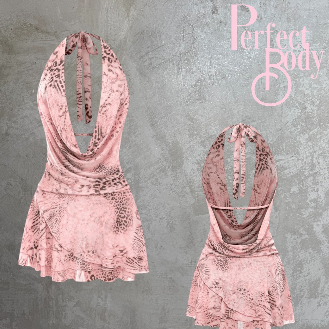 Light Pink Print Halter Mesh Dress