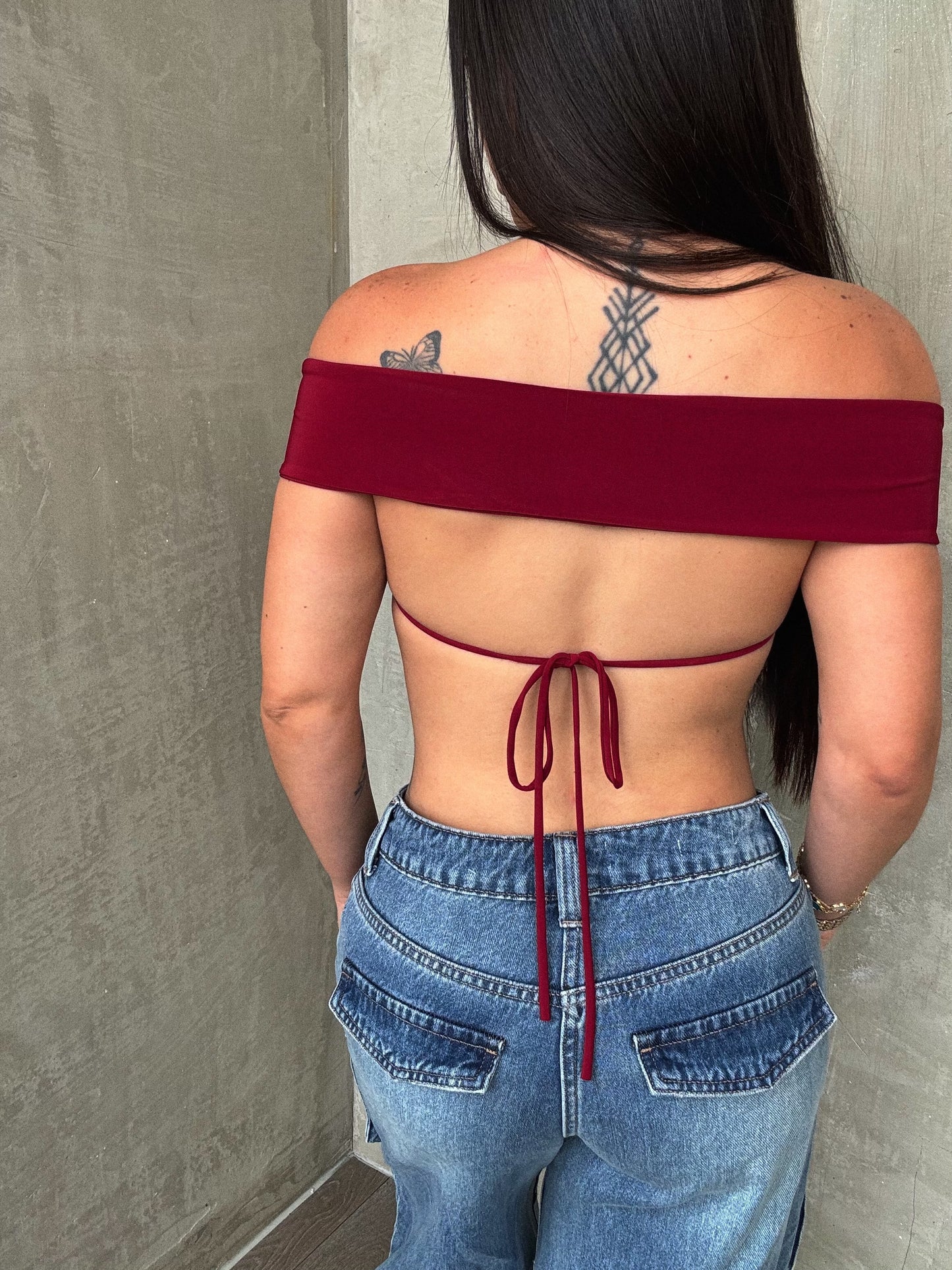 Burgundy Halter Top W. Gold Flower