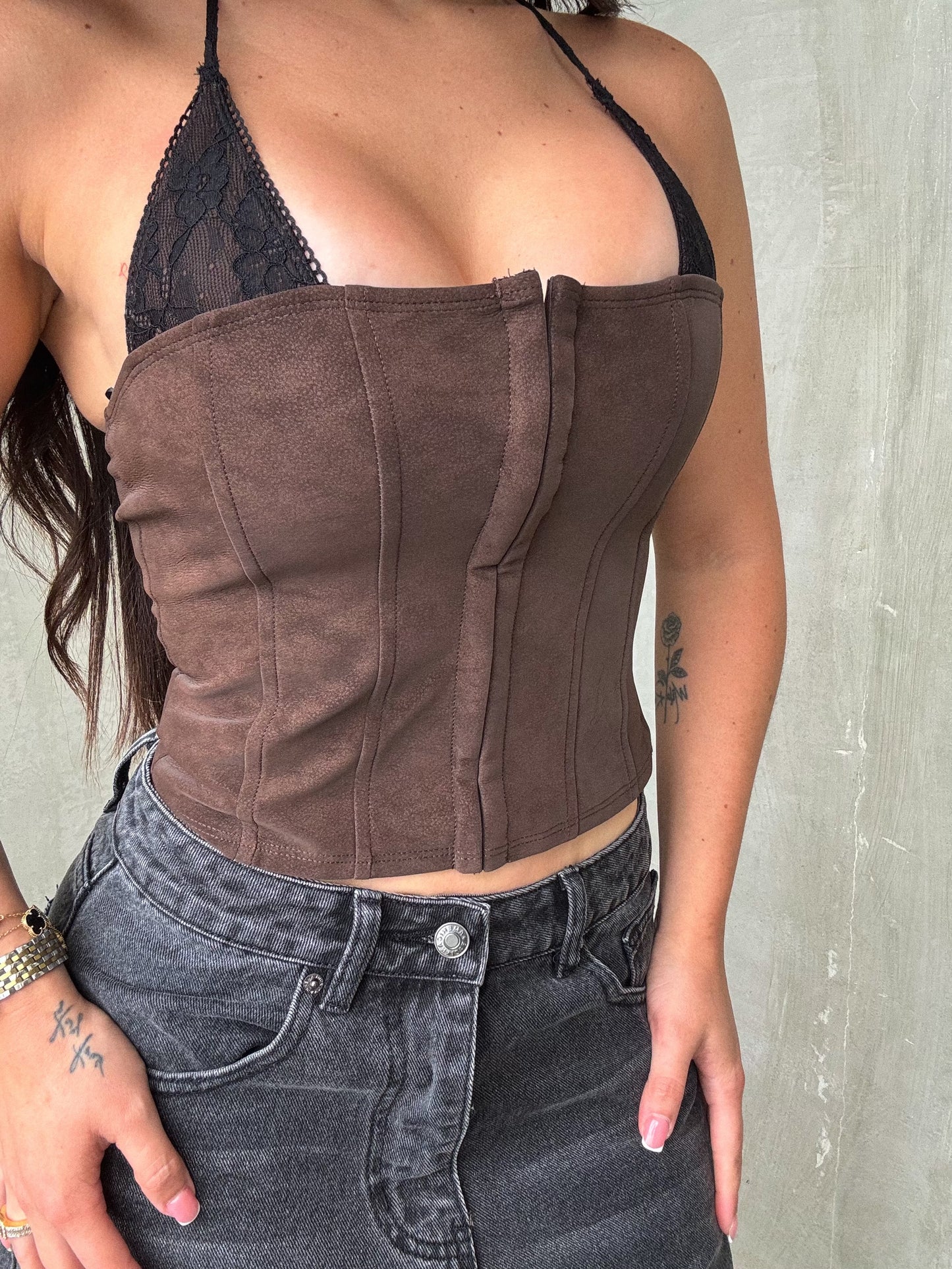 Chocolate Bustier With Black Lace Bra