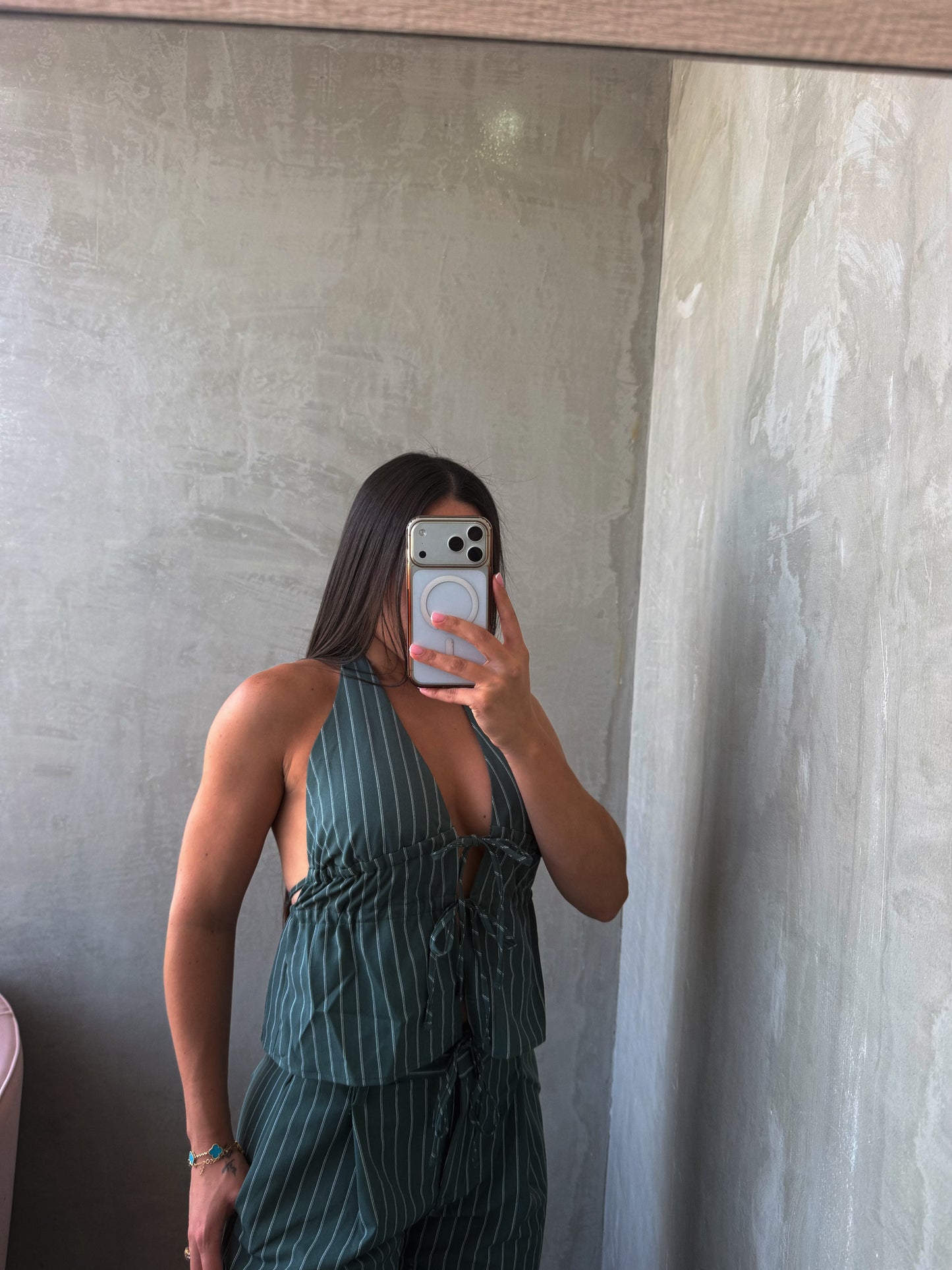 Olive Stripes Pants Set