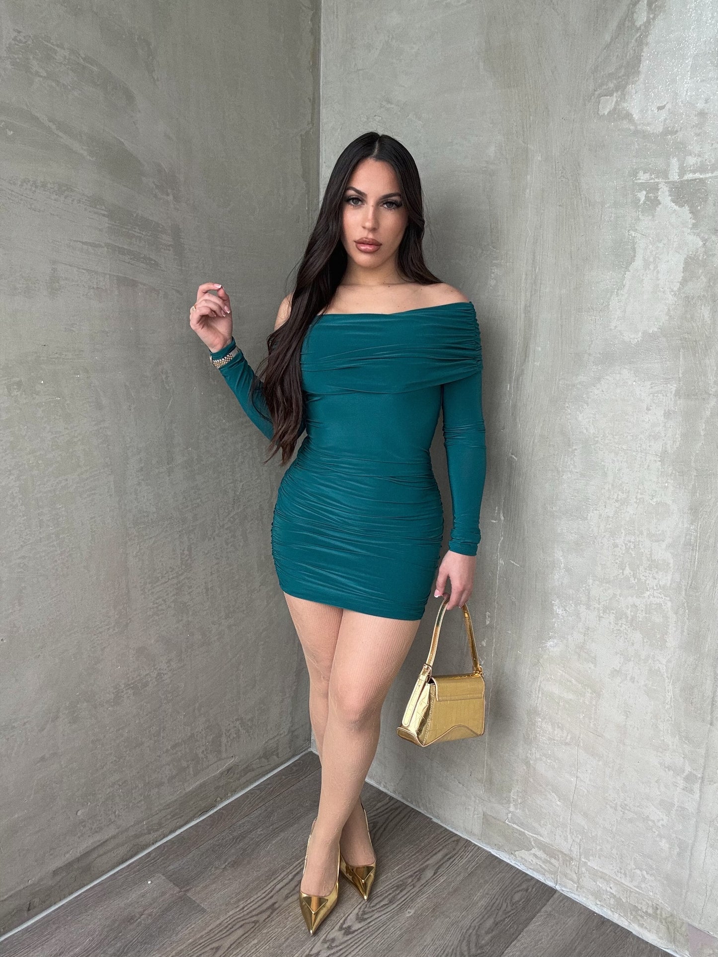 Hunter Green Off Shoulder Dress