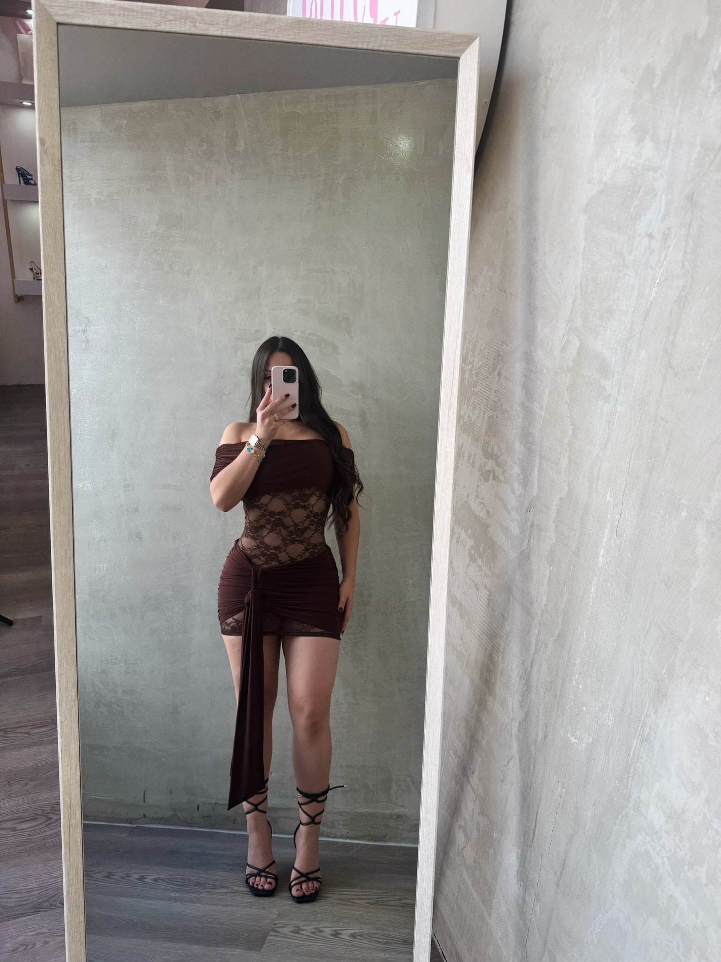 Brown Off Shoulder Lace Dress