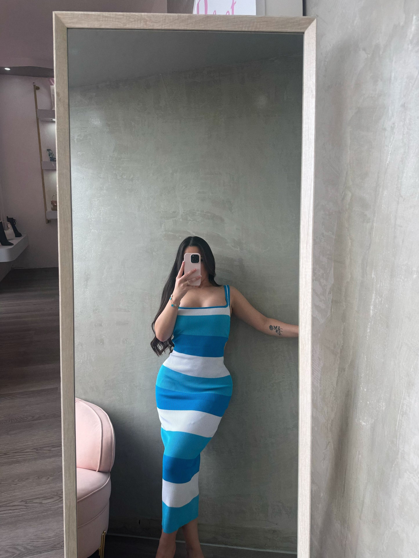 Aqua Blue Stripes Knit Midi Dress