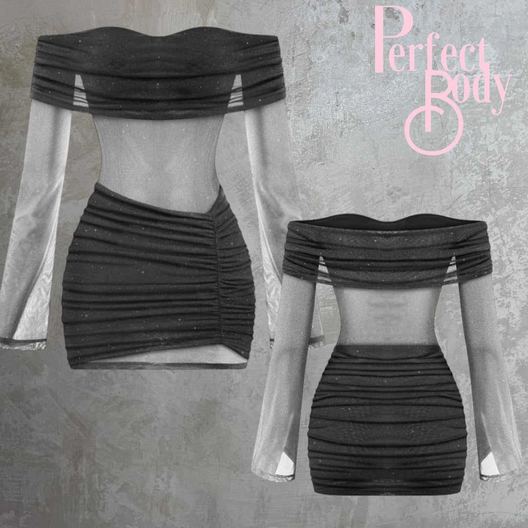 Black Glitter Off Shoulder Mesh Dress
