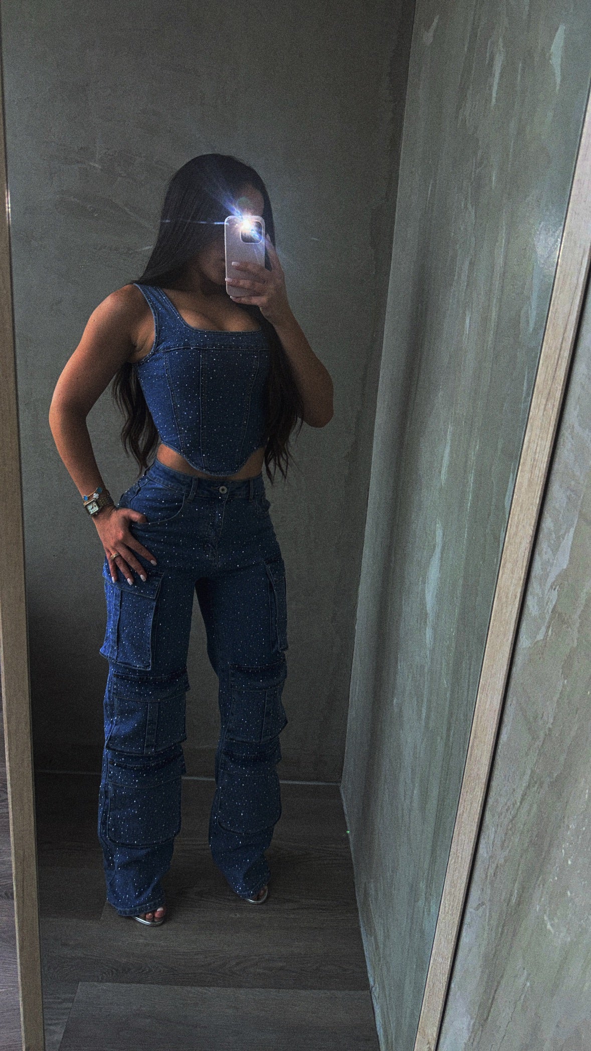 Rhinestones Denim Corset & Cargo Set