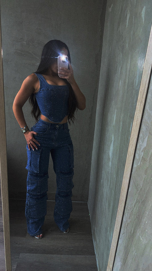 Rhinestones Denim Corset & Cargo Set