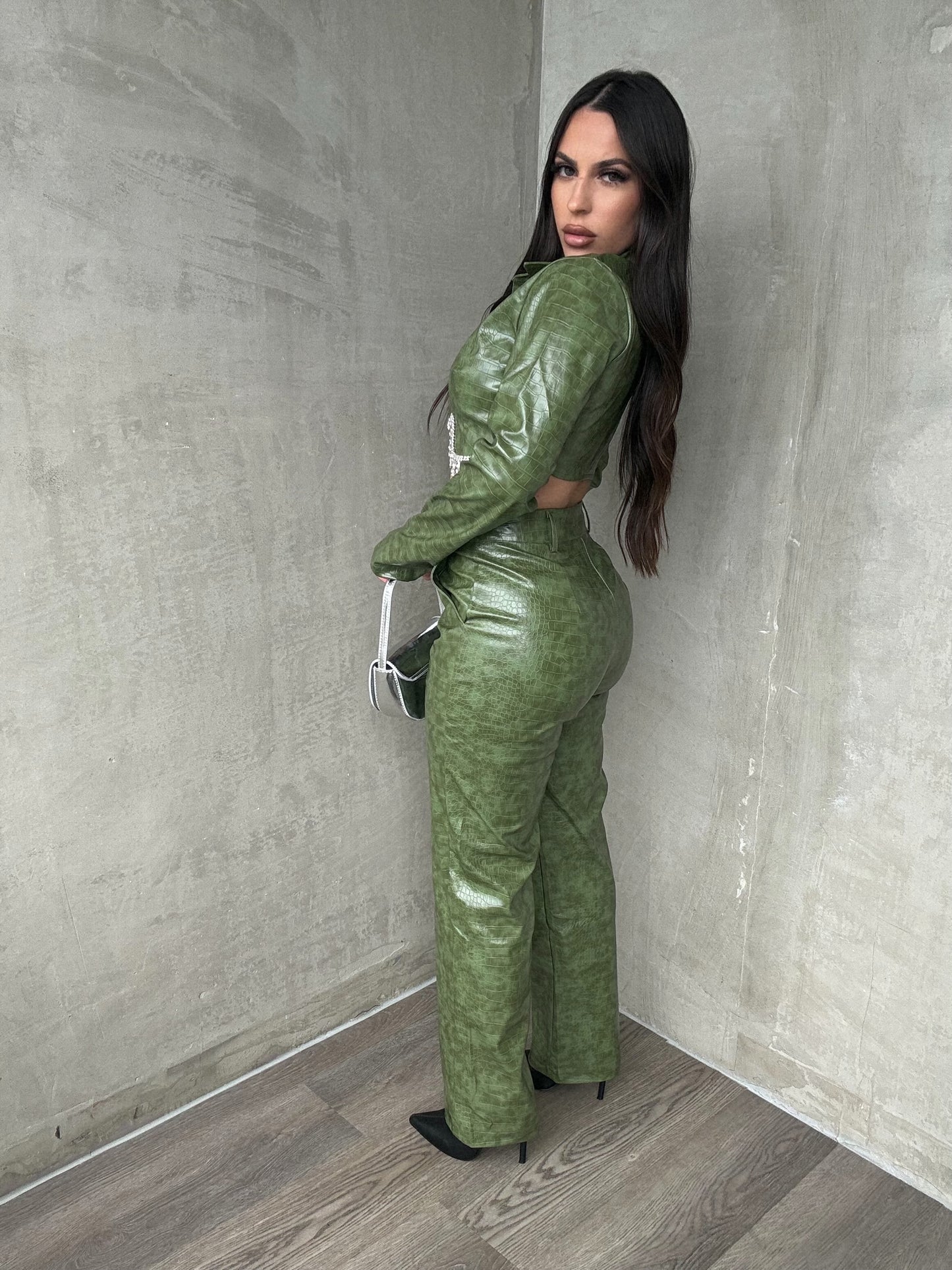 Olive Leather Jacket With Rhinestones Pants Set