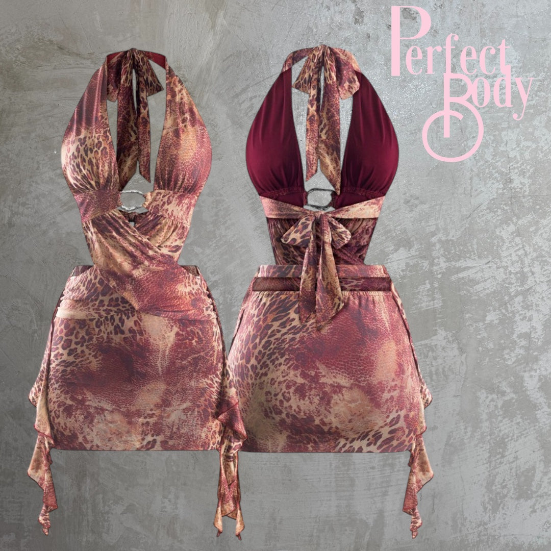 Burgundy Animal Print Halter Mini Dress
