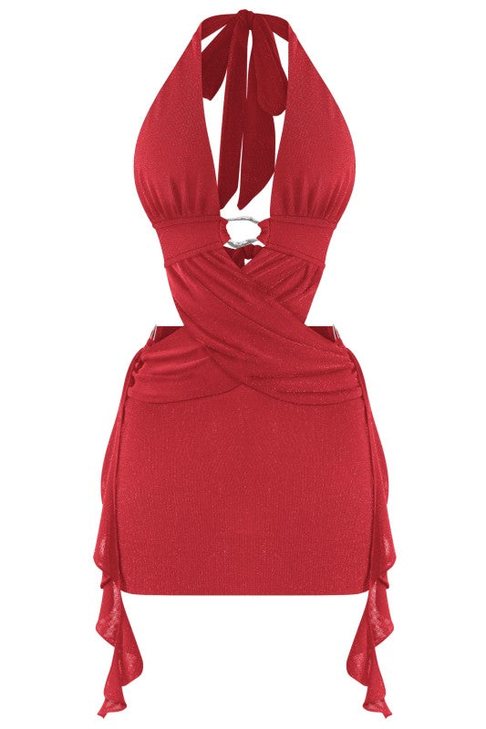 Red Metallic Halter Dress