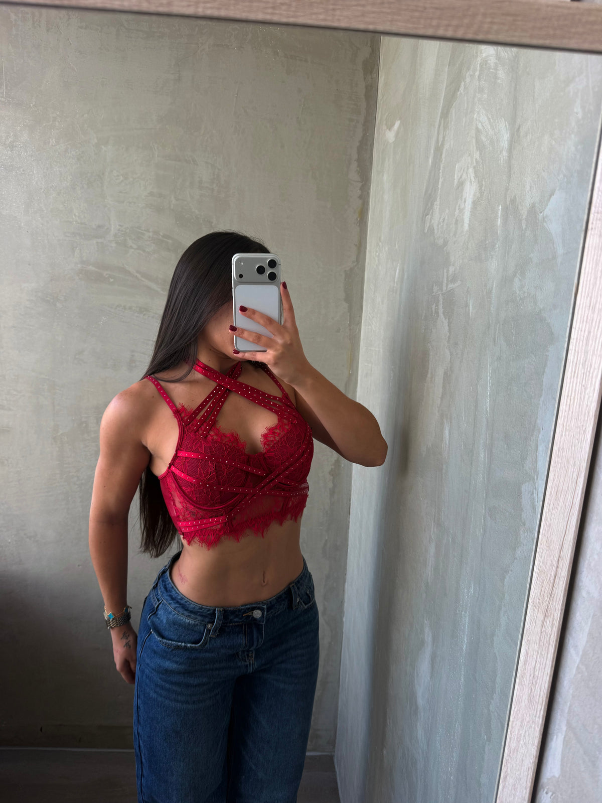 Dark Red Lace Crop Top