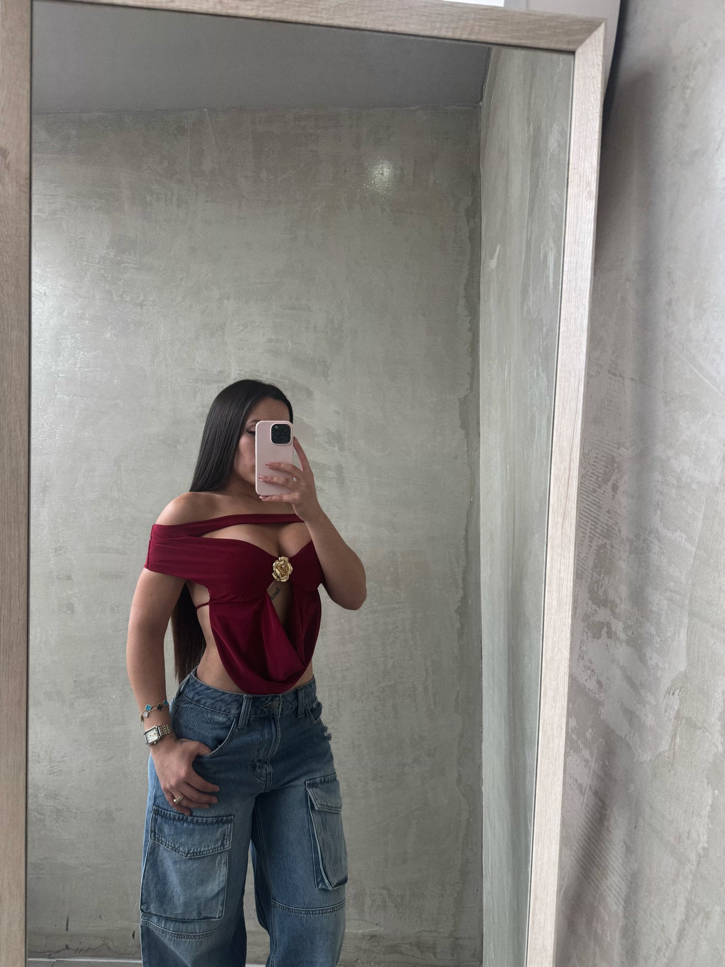 Burgundy Halter Top W. Gold Flower