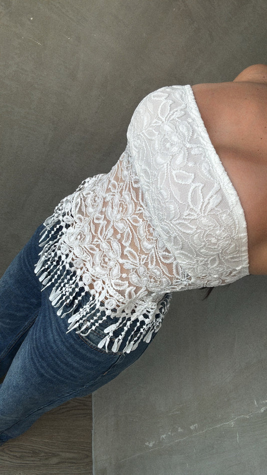 White Floral Lace Fringe Top