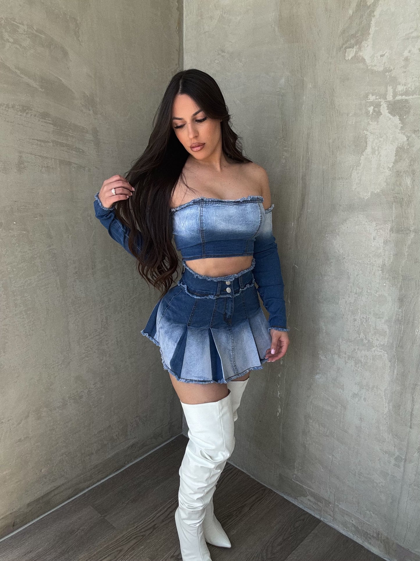 Denim Wash Skirt Set