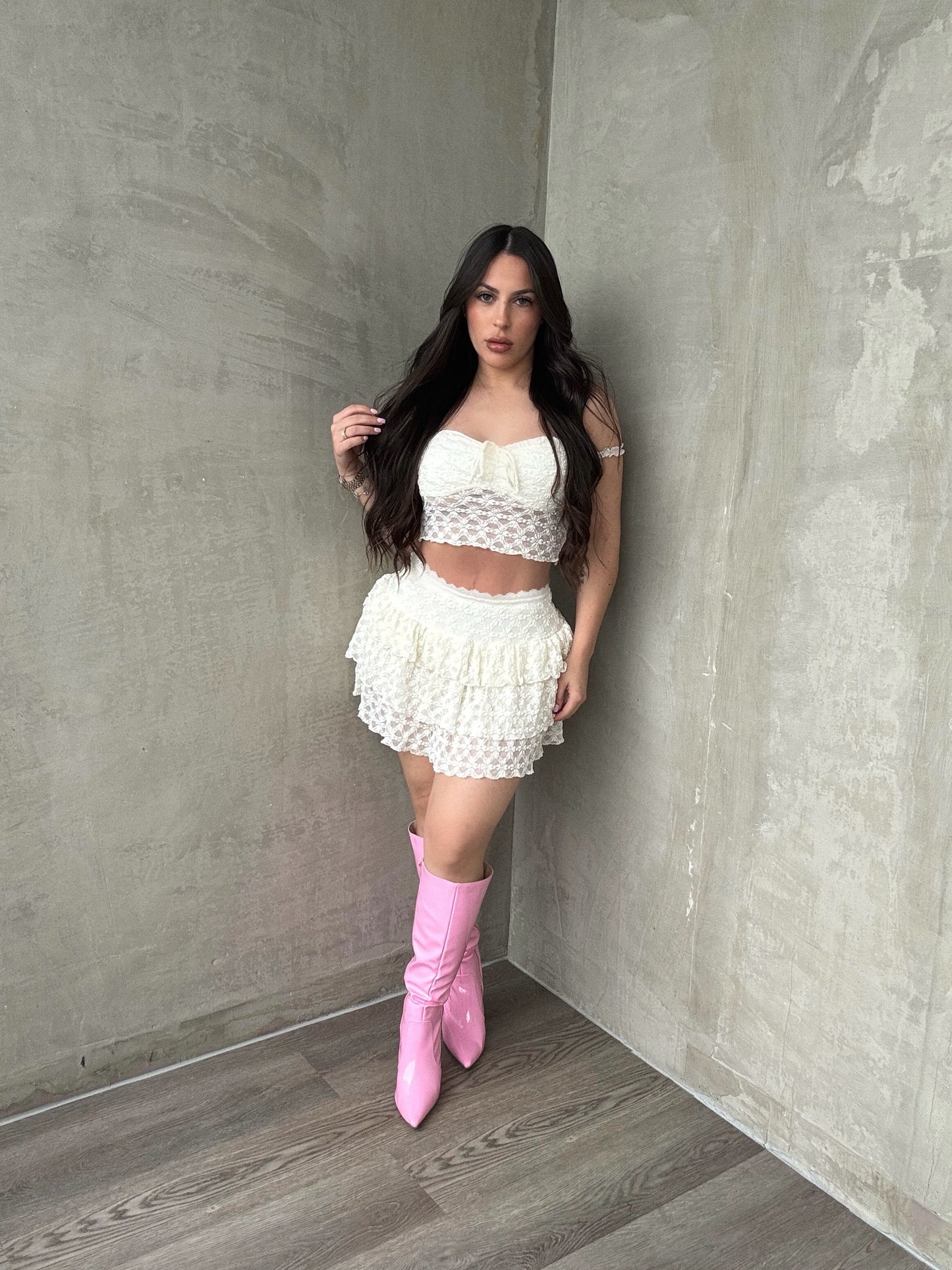 Cream Lace Flower Skort Set