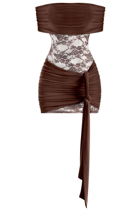 Brown Off Shoulder Lace Dress