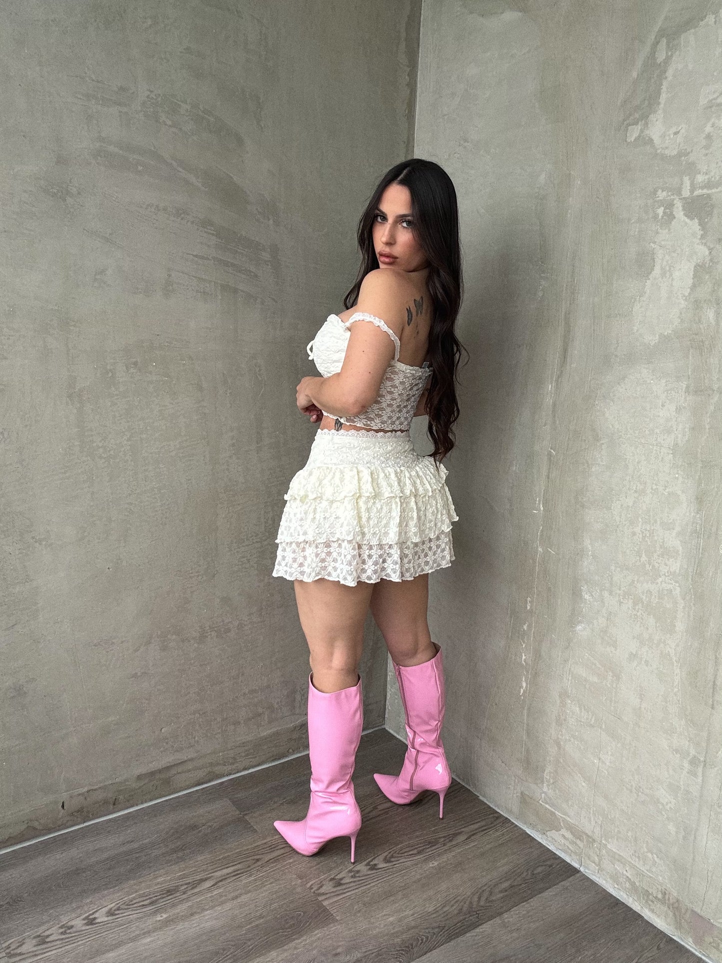 Cream Lace Flower Skort Set
