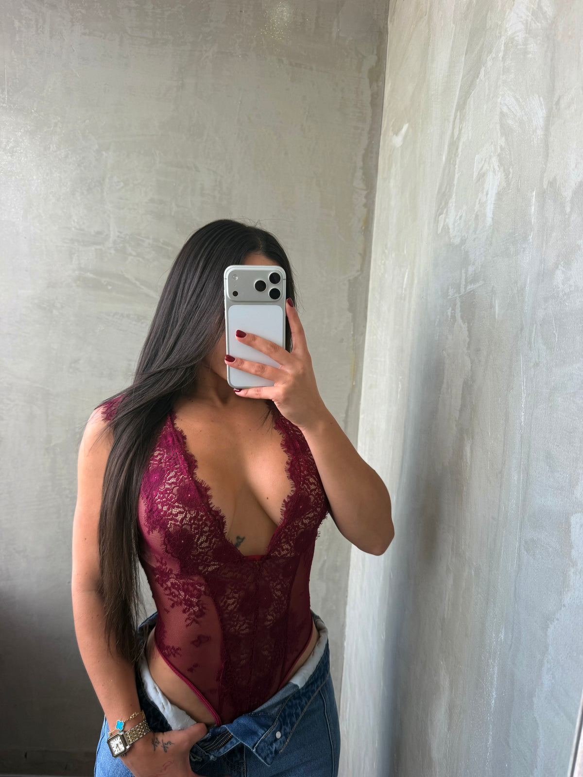 Burgundy Lace Halter Bodysuit