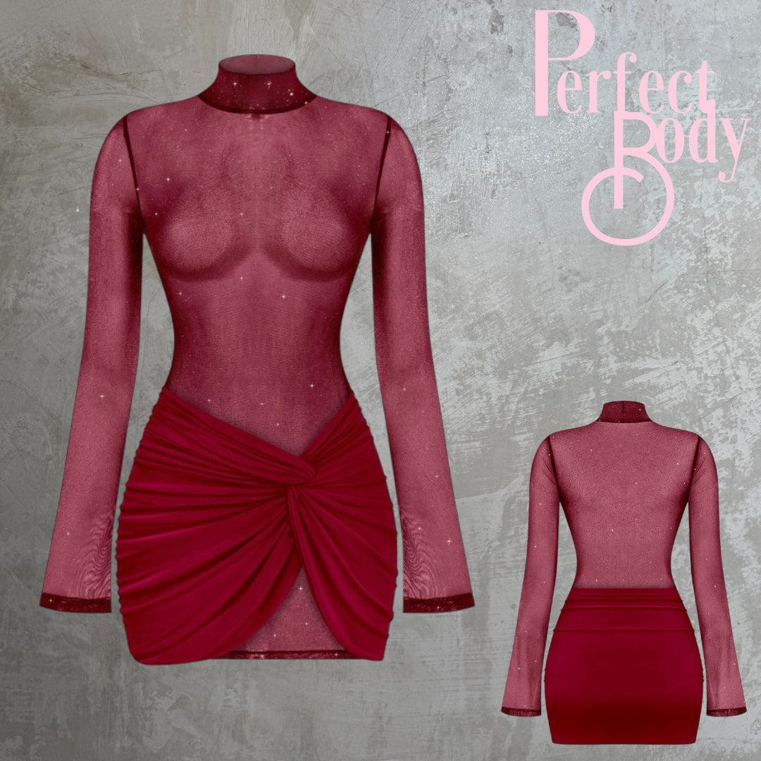 Burgundy Glitter Mesh Dress