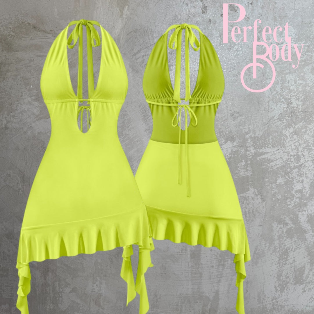 Lime Halter Ruffled Dress