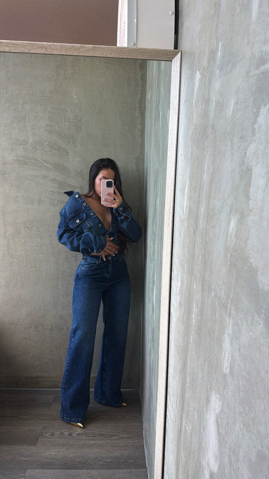 Blue Denim Rhinestones Jacket & Jeans Set