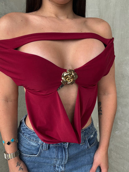 Burgundy Halter Top W. Gold Flower