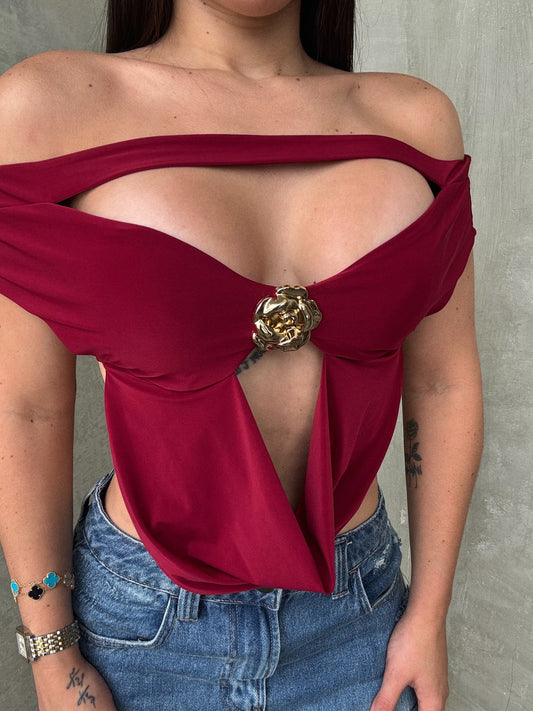 Burgundy Halter Top W. Gold Flower