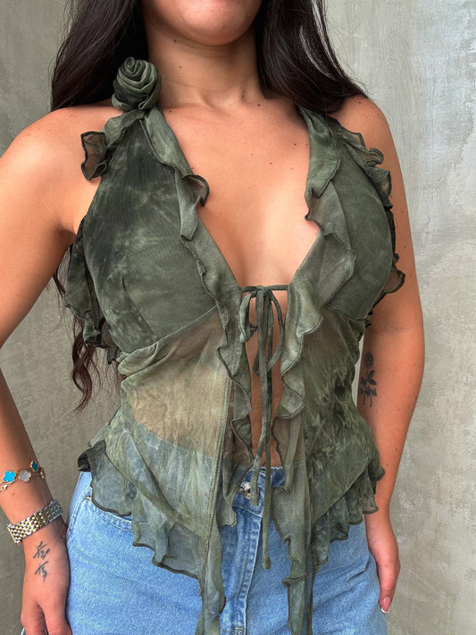 Olive Mesh Ruffled Top