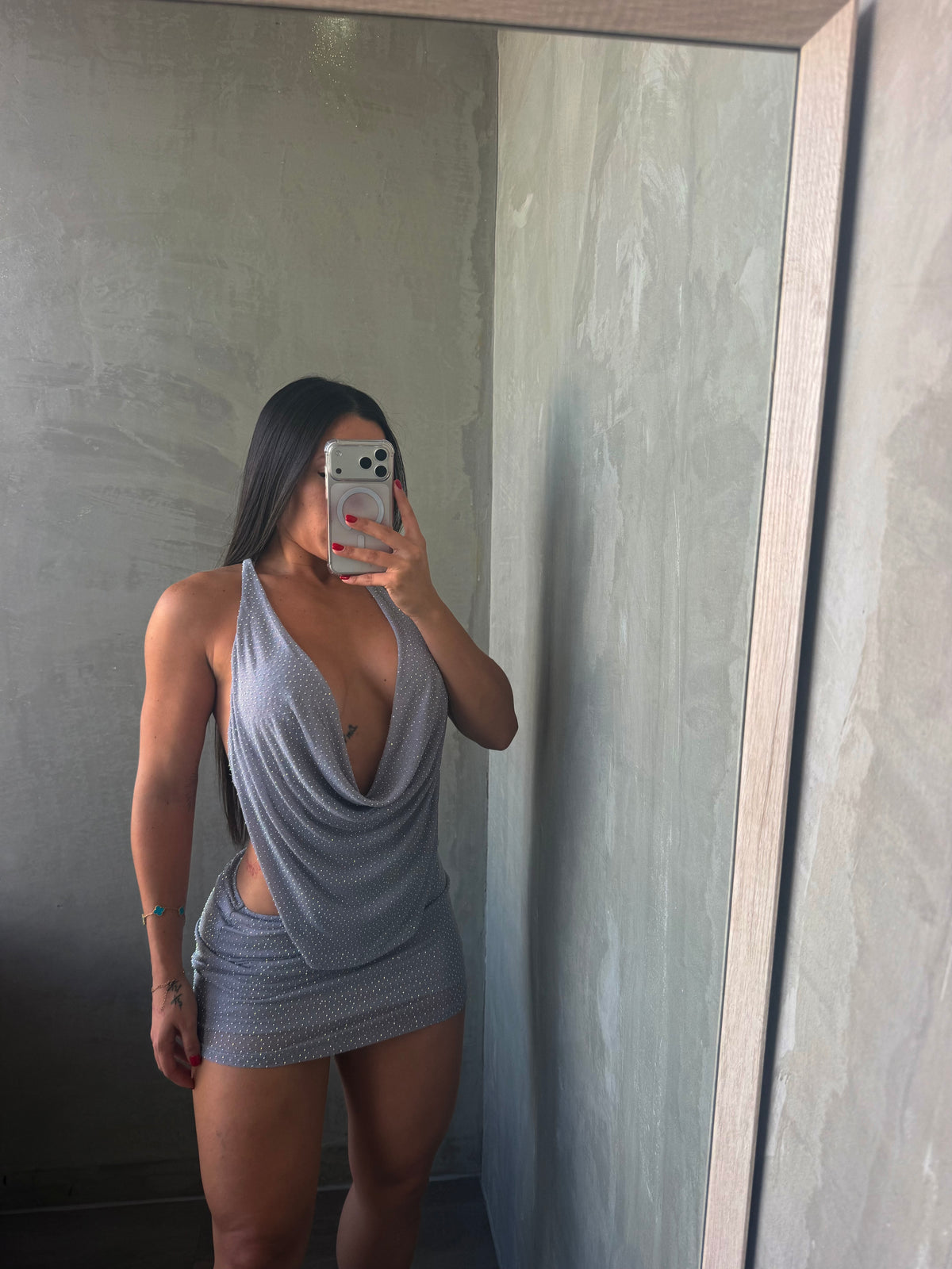 Grey Rhinestones Mesh Halter Dress