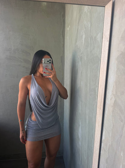 Grey Rhinestones Mesh Halter Dress