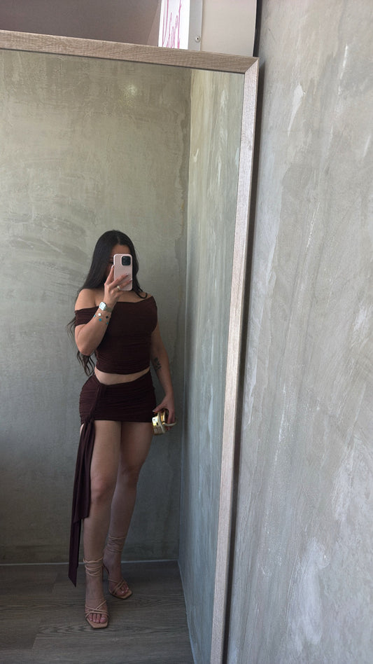Brown Asymmetrical Skirt Set