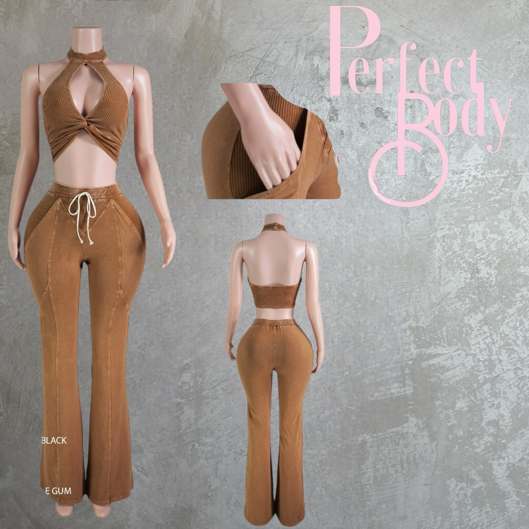 Coffee Mineral Wash Cargo & Crop Top Set