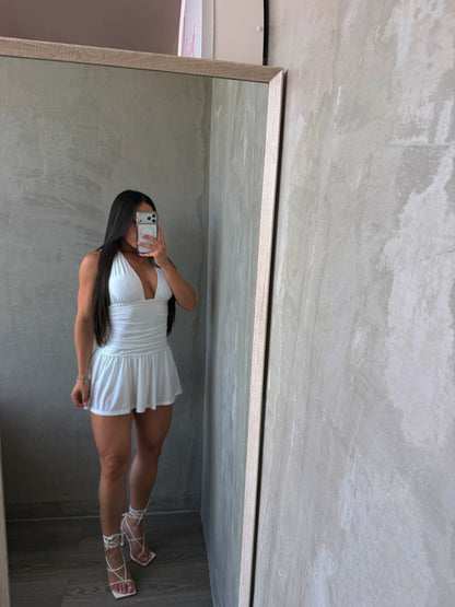 Off White Halter Ruffled Dress