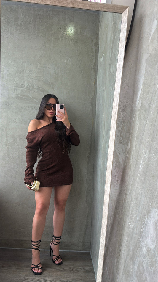 Brown Sequin Sweater Dress