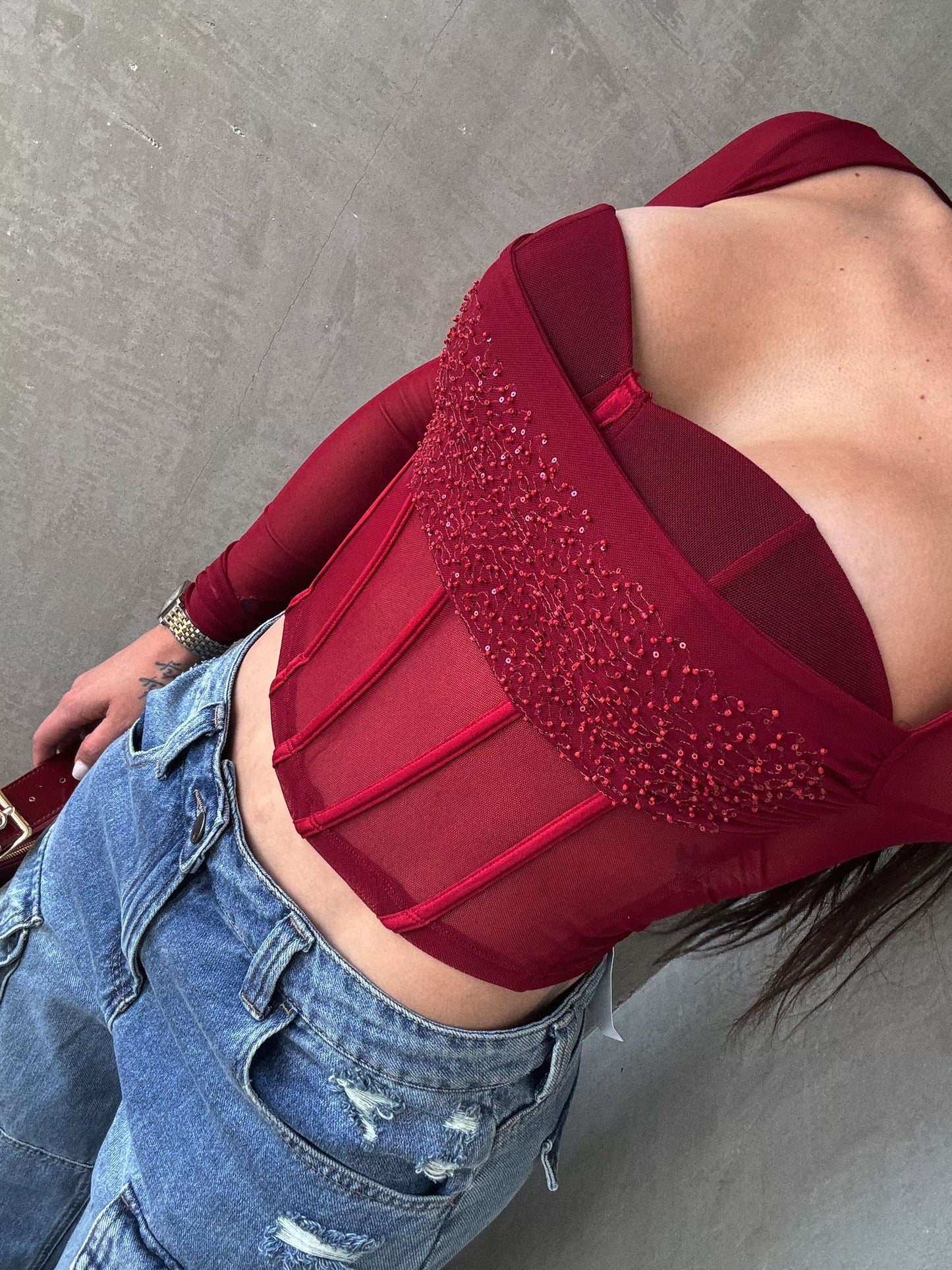 Burgundy Mesh Bustier Top