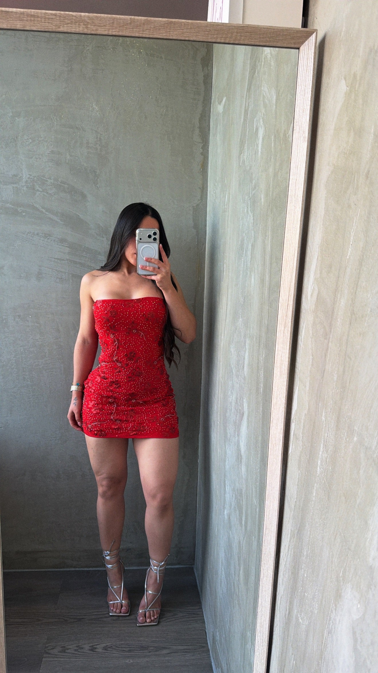 Red Strapless Embellished Dress