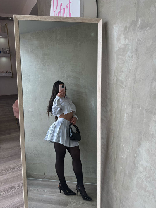 White & Black Stripes Skirt & Crop Blouse Set