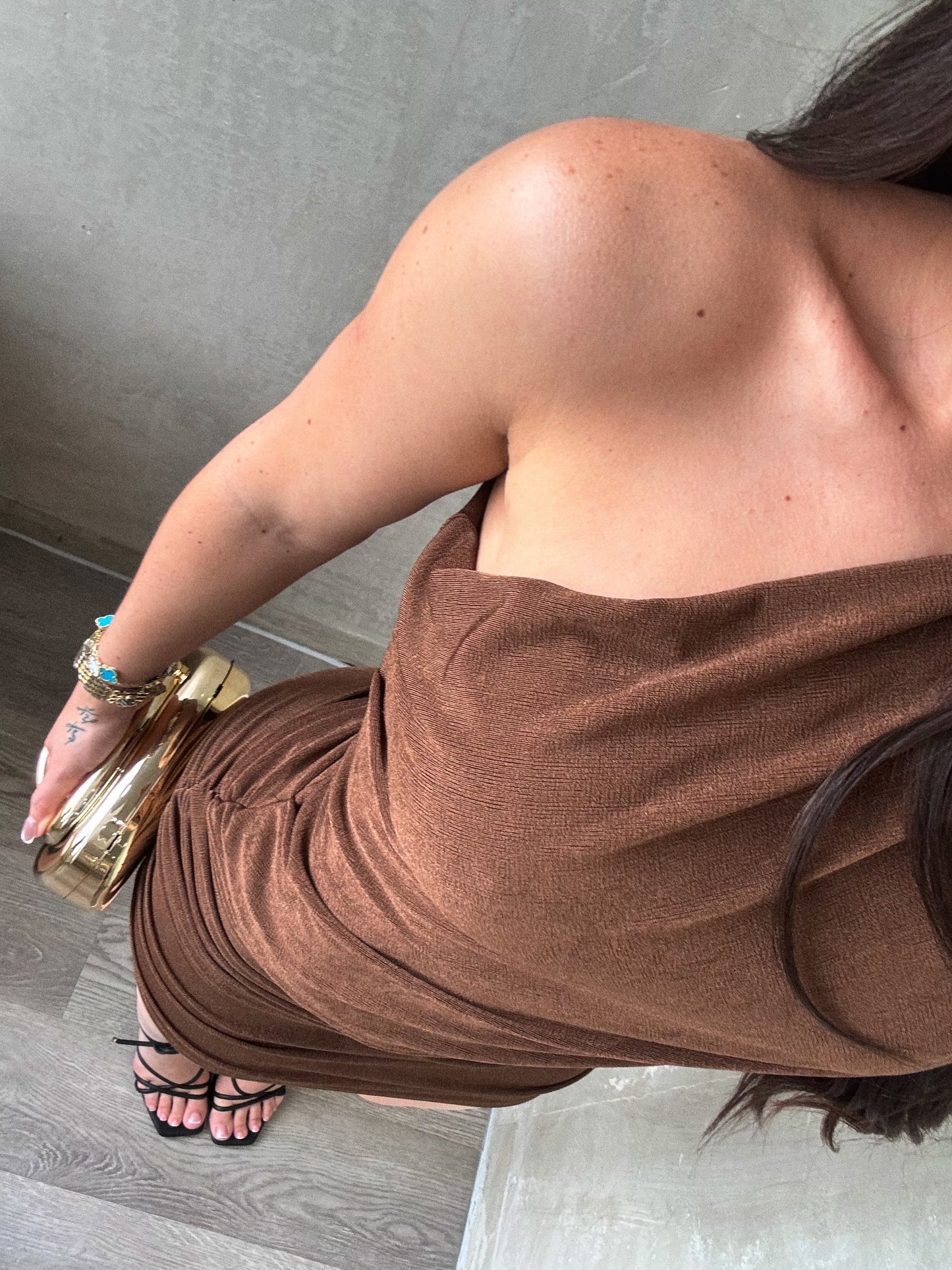 Brown Asymmetrical One Shoulder Dress