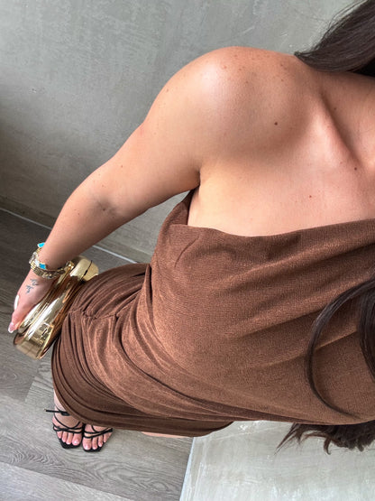 Brown Asymmetrical One Shoulder Dress