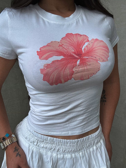 White Crop Top With Flower