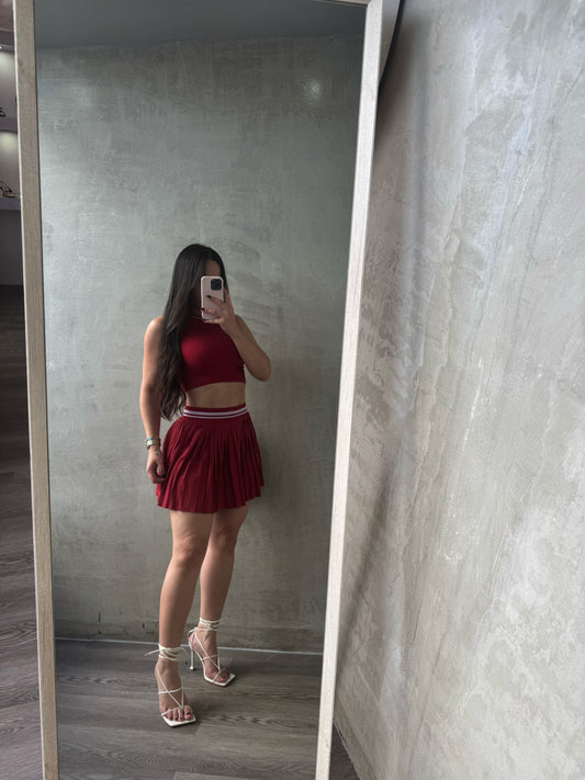 Dark Red & White Pleated Skort Set